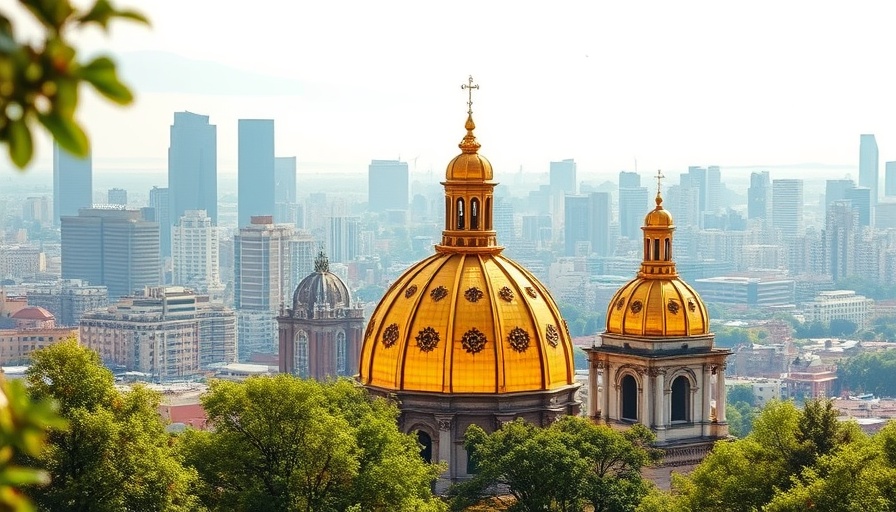 Basilica domes with Mexico City skyline celebrating Independence Day.