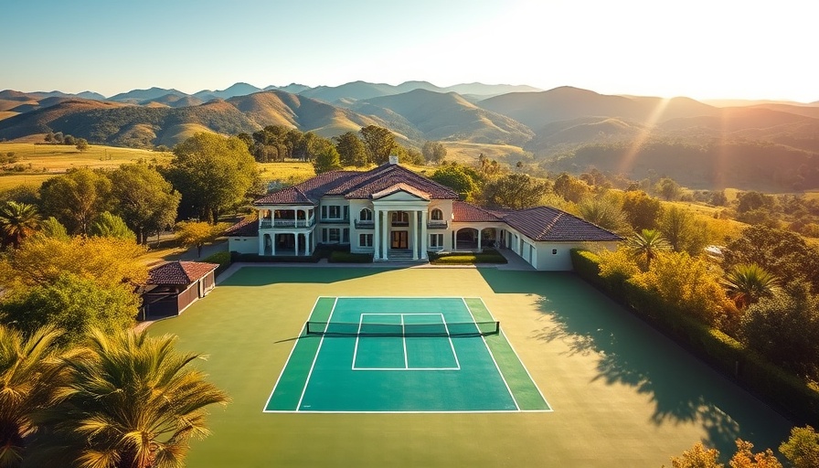 Brad Gilbert mansion for sale with tennis court, landscape, and mountain views.