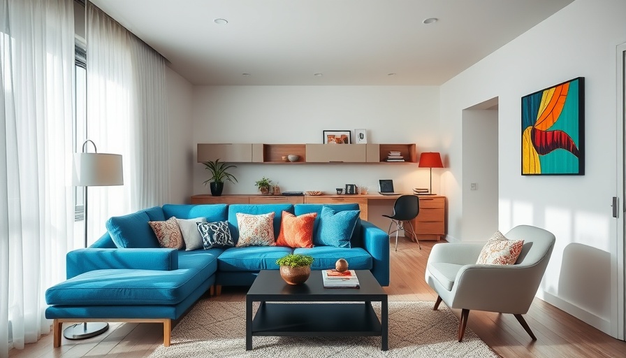 Modern living room with blue sofa and stylish decor.