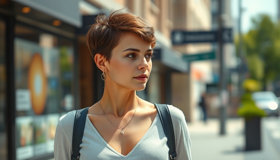 Stylish woman with pixie cut for fine hair in urban setting.