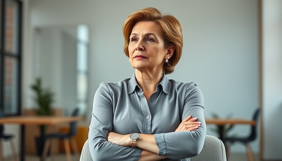 Middle-aged woman in office, thoughtful expression, seated
