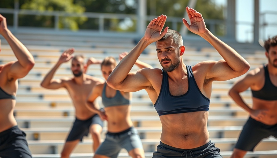 Fit people doing 15-minute dumbbell workout on bleachers outdoors