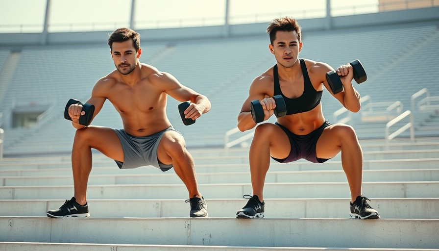 Athletes on stadium steps doing a 15-minute dumbbell EMOM workout.