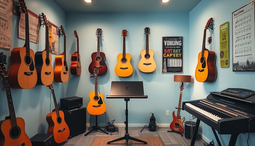 Cozy music practice room with guitars and keyboard, softly lit.