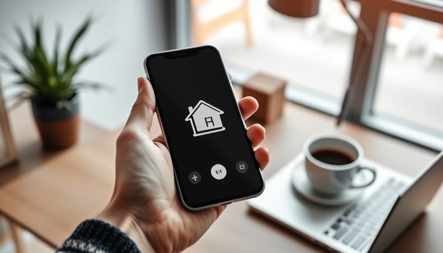 Smart home technology interface on smartphone in modern workspace.
