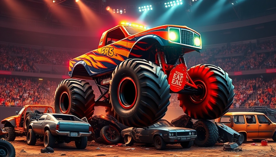 Hot Wheels Monster Trucks Live San Diego event with a vibrant monster truck jumping over vehicles.