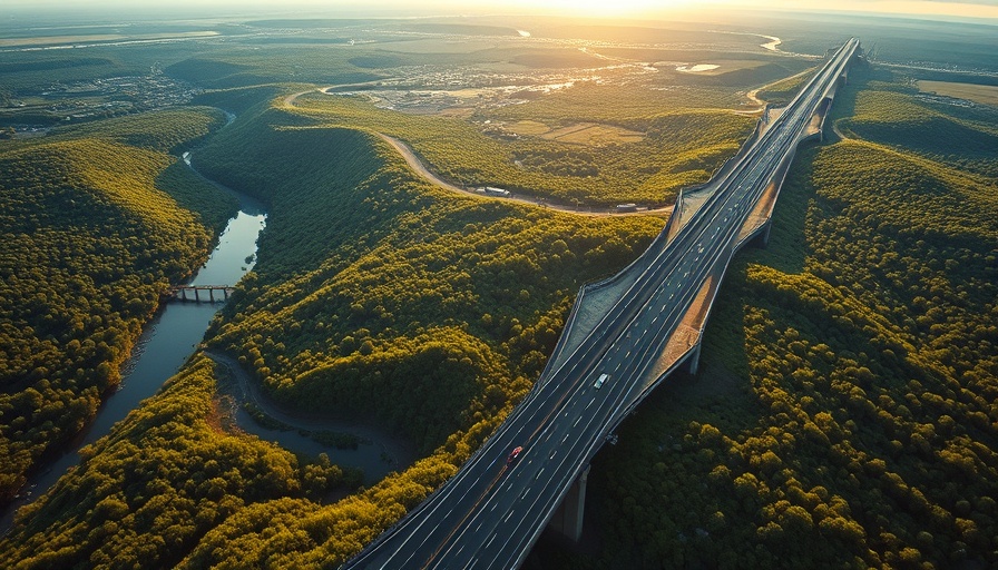 Tobin Land Bridge award winning design in sunset aerial view.