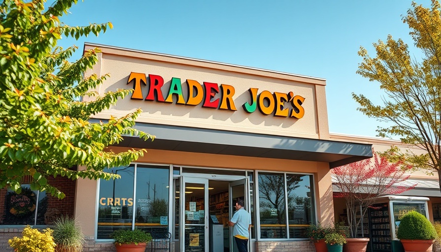 Cheerful Trader Joe's storefront with foliage and exiting customer.