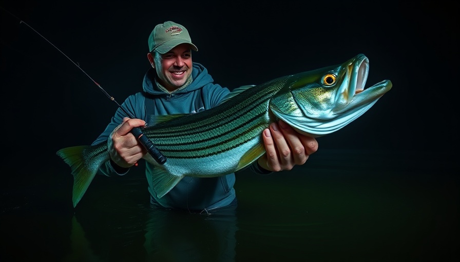 Angler with catch, nighttime fly-fishing for fall stripers.