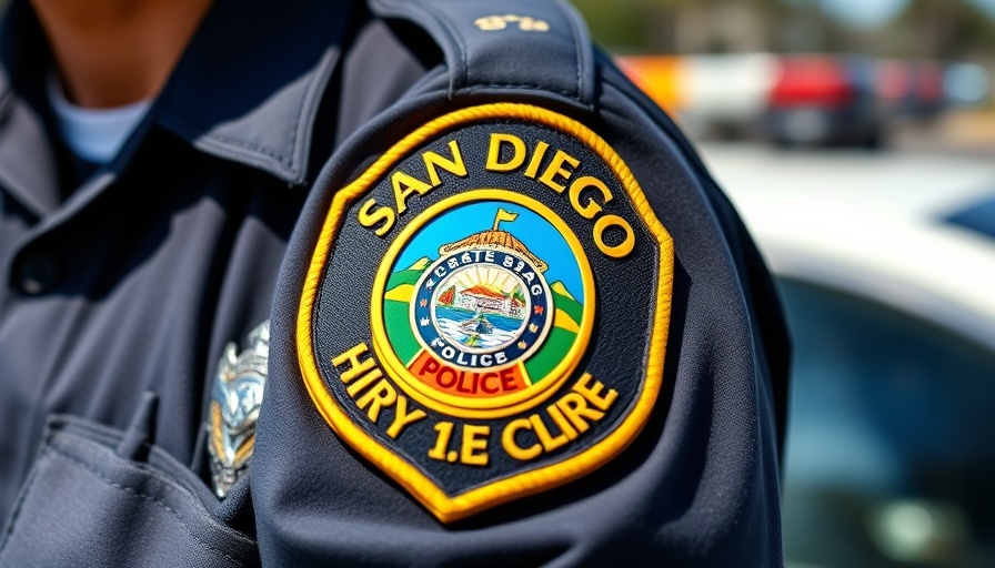 San Diego police badge and patch, officer in focus.