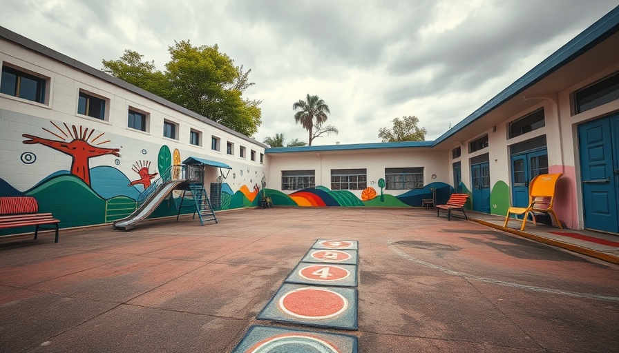 Deserted school playground in San Diego losing middle grades, colorful mural, and hopscotch.