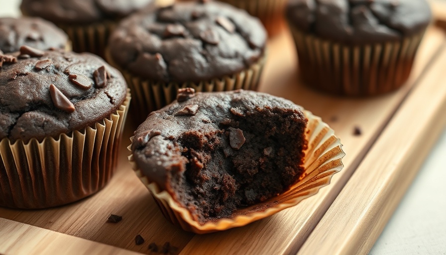 Healthy Double Chocolate Zucchini Muffins close-up on a wooden tray.