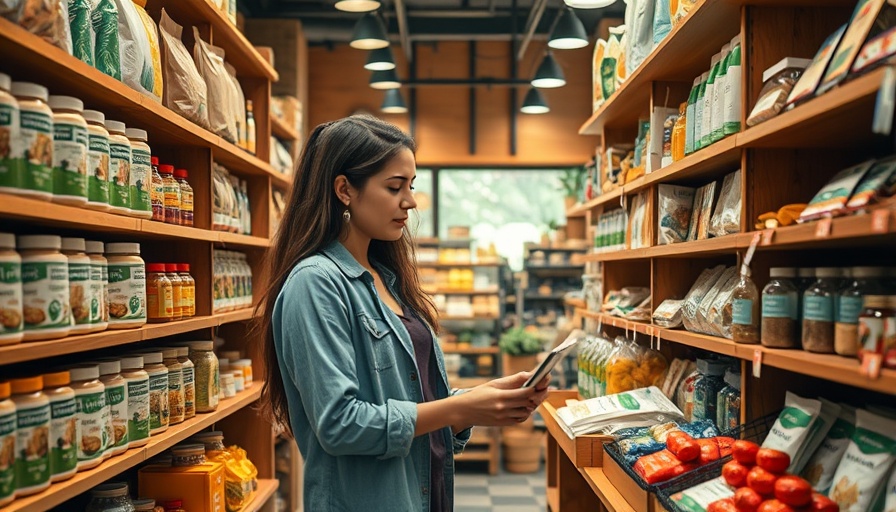 Casual woman at Ethikli zero-waste vegan market sorting products.