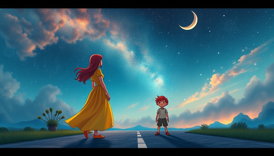 Surreal night scene of a woman and child choosing at crossroads.