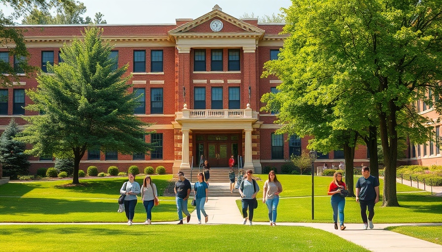 University facade with students, related to Trump university funding cuts antisemitism.