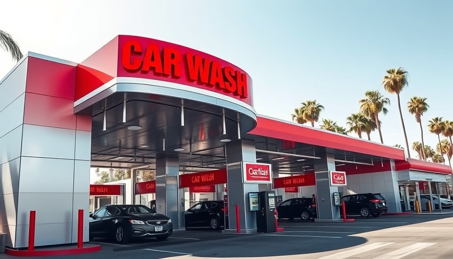 Modern high-tech car wash in San Diego, sunny day.