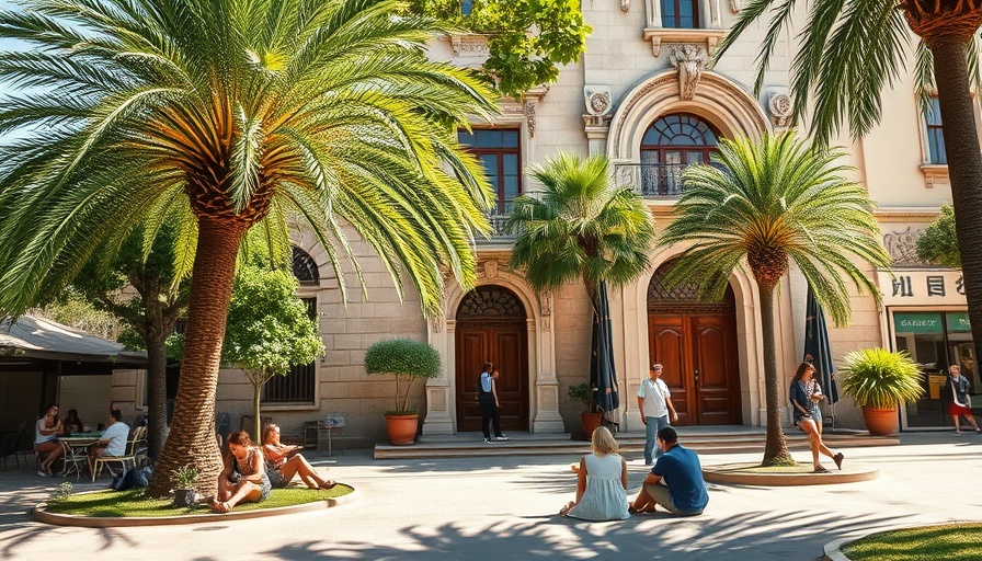 People relaxing near Balboa Park historic building with palm trees.