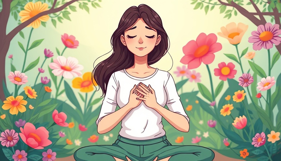 Tranquil meditative woman in floral garden cartoon