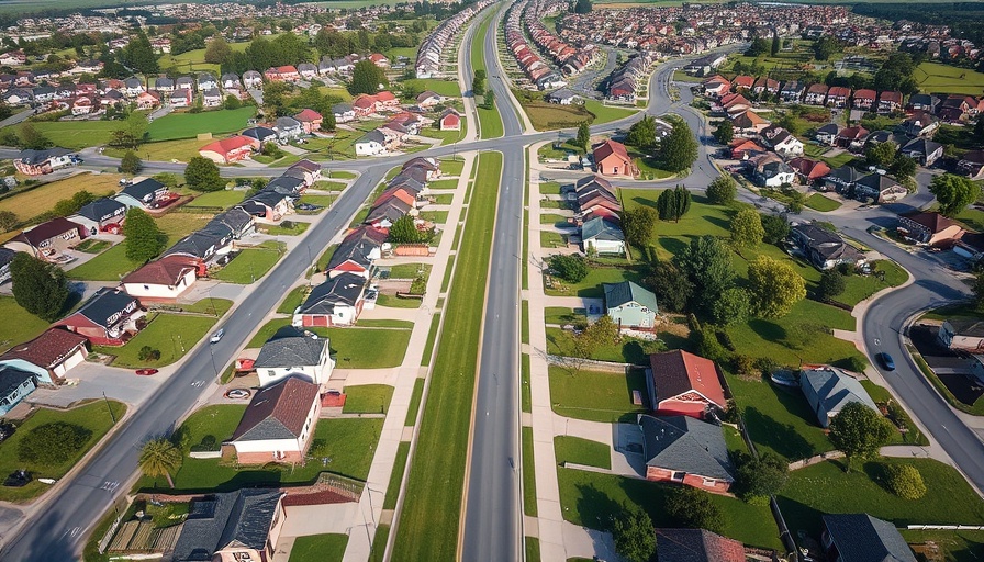 Aerial view of suburban neighborhood showcasing uniform houses; related to mortgage rates drop.