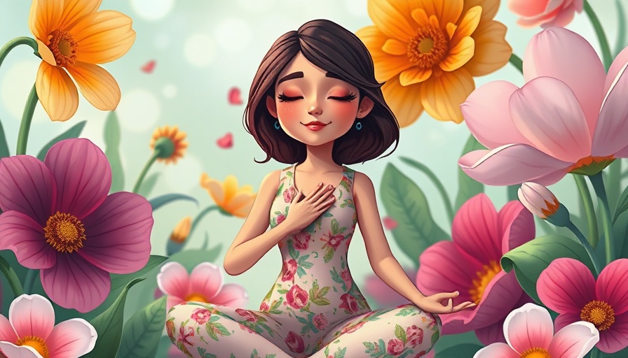 Peaceful woman meditating in vibrant garden, 'body knows best' theme.