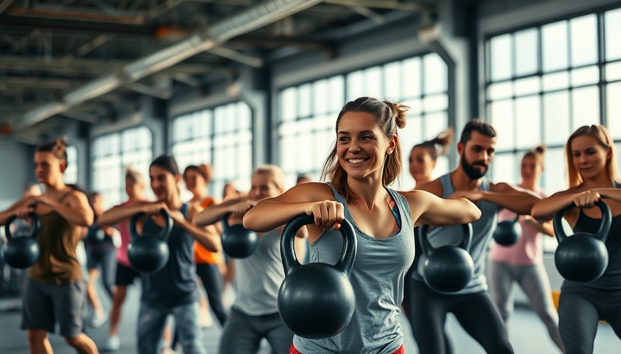 Energetic group fitness class using kettlebells in a sunlit gym.