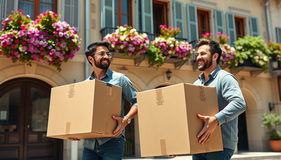 Men carrying boxes outside building, Smart home automation solutions context.