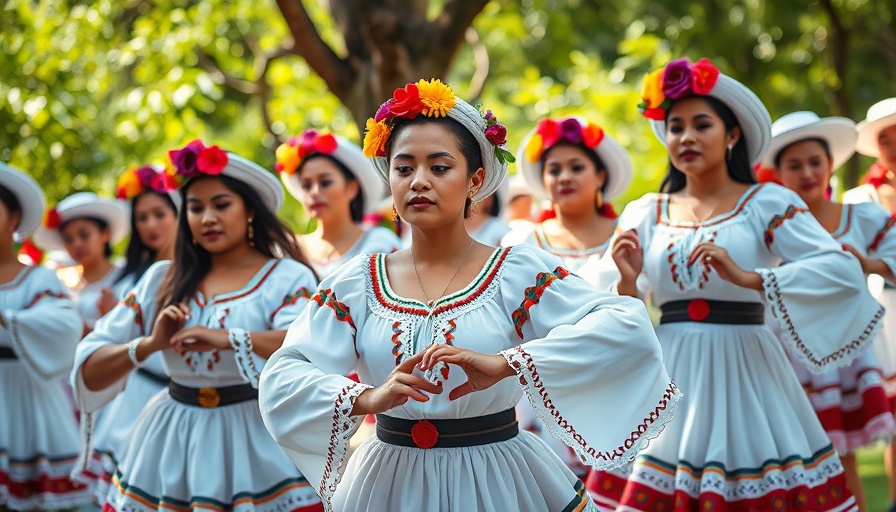 SAISD folklórico program dancers performing outdoors in traditional dresses.