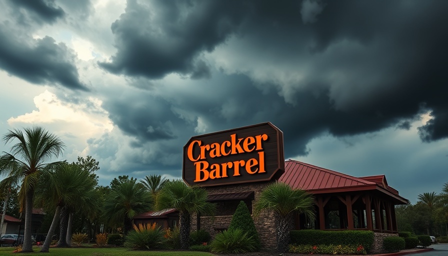 Cracker Barrel sign under stormy sky, symbolizing stock concerns.