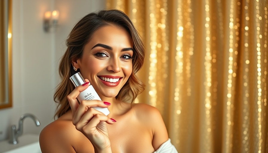 Elegant woman promoting Martha Stewart skin care line in a luxurious bathroom.