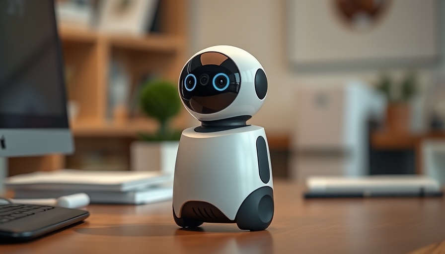 Compact home security robot on a desk in an office setting.