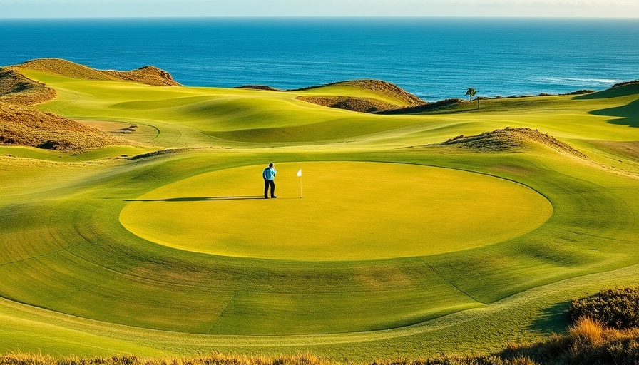 Expansive golf course with two players, coastal view, lush greens.