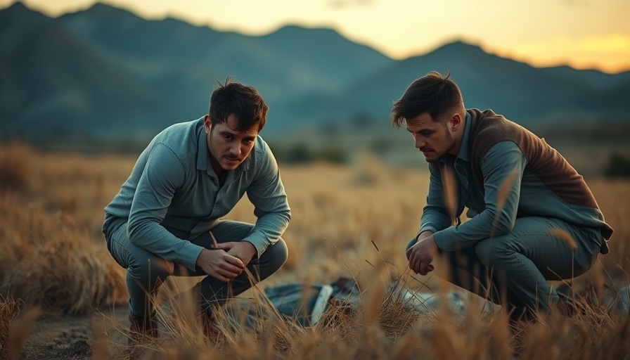 Two men crouching in field at dusk, focused on surroundings.