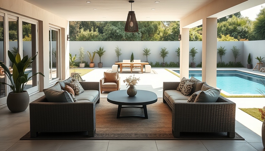 Modern outdoor living room setup in a garden with seating and pool.