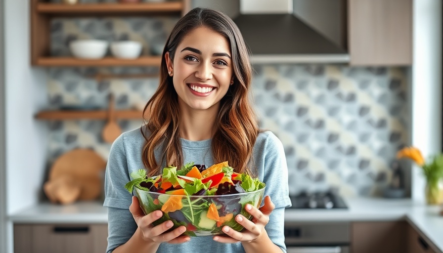 Young woman enjoying gluten-free meal prep in modern kitchen.
