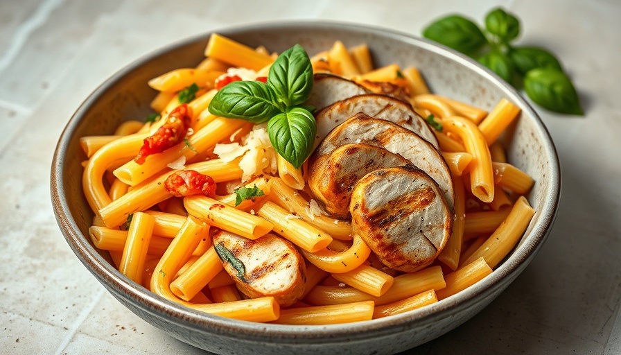 Burst Cherry Tomato Basil Chicken Rigatoni in a rustic bowl with fresh basil garnish.