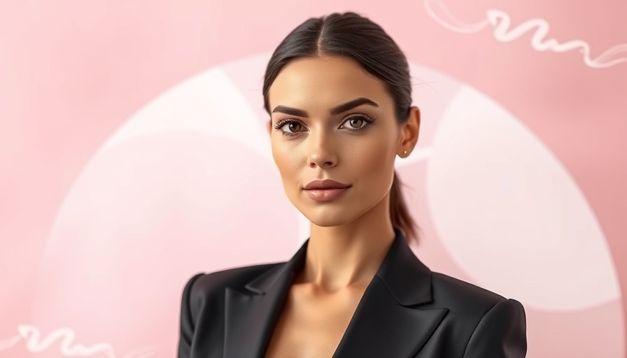 Elegant woman in black attire, soft pink backdrop.