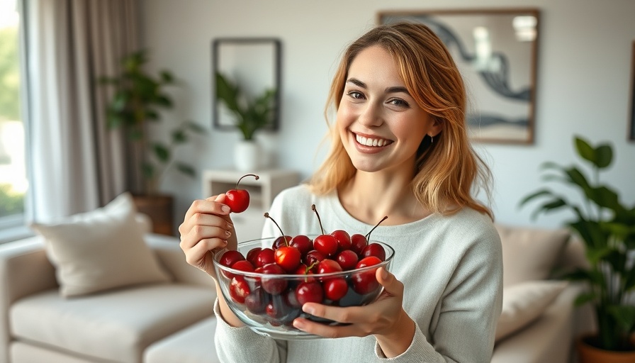 Woman enjoys the benefits of eating cherries in a cozy living room.