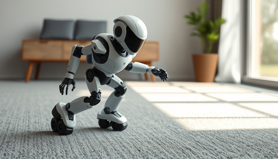 Futuristic home assistant robot on carpet, showcasing smart home technology.