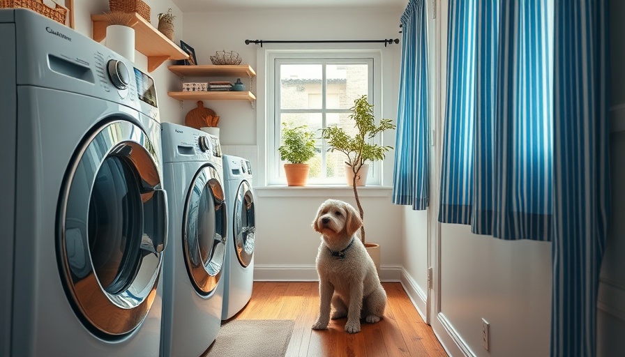 Narrow laundry room layout with fluffy dog and natural lighting.