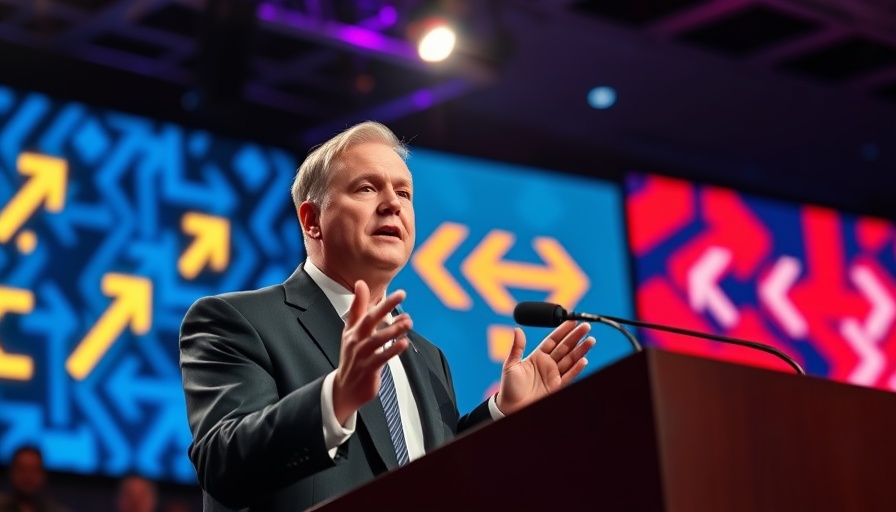Politician at podium in vibrant event, gesturing passionately.