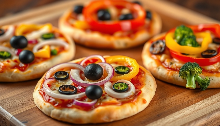 Colorful DIY mini pizza lunchables on wooden surface.