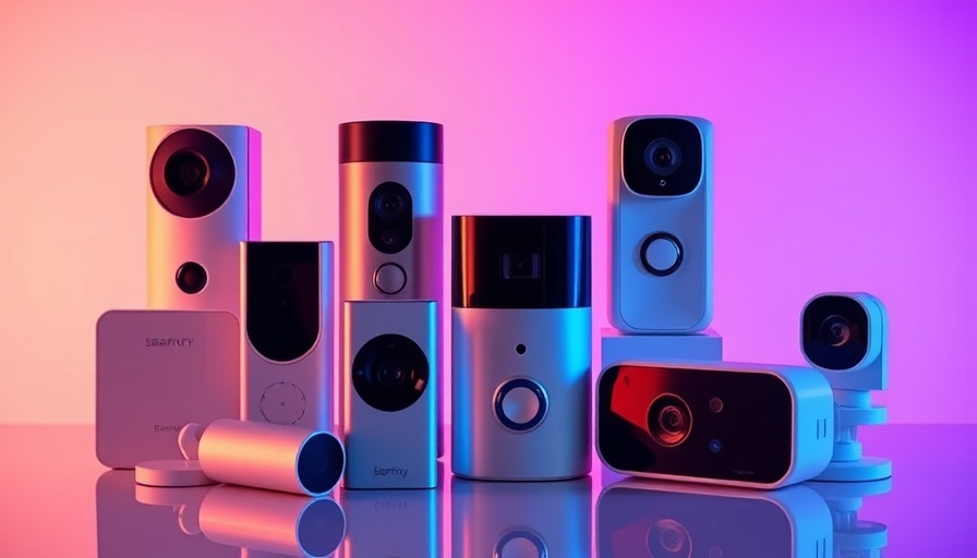 Modern smart home security devices displayed on a gradient background.