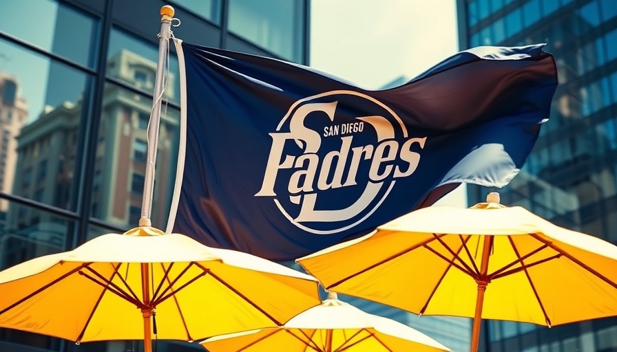 San Diego news: Padres flag above yellow umbrellas against city backdrop.