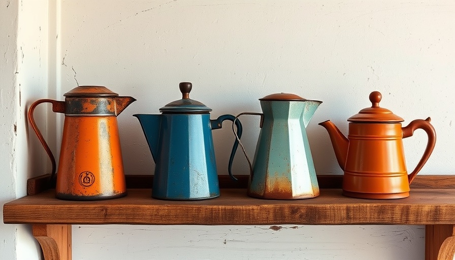 Two vintage metal coffee pots on a rustic shelf; vintage kitchen items.