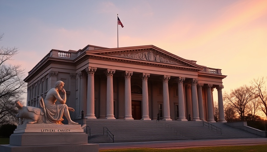 Neoclassical courthouse bathed in sunset light symbolizing Trump's research funding cuts.