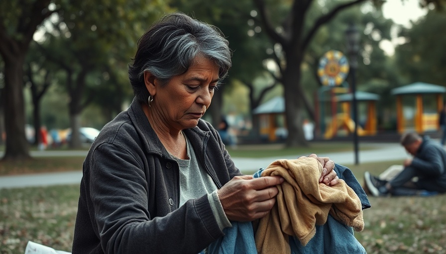 Woman folding clothes in park amid belongings, highlighting California homeless funding cuts.
