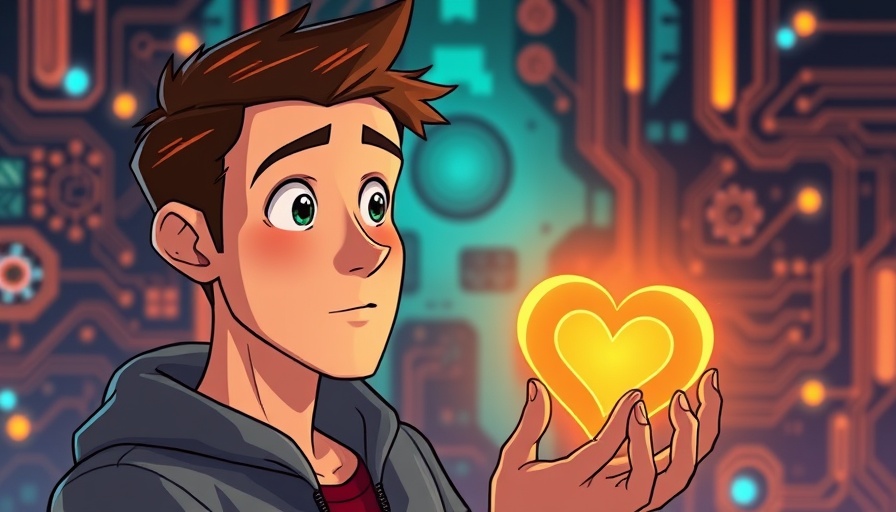 Cartoon man pondering AI and human connection, glowing heart, circuit background.