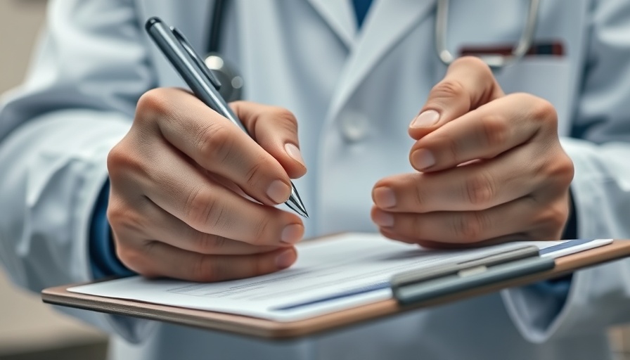 Doctor writing notes on a clipboard, California workplace setting.