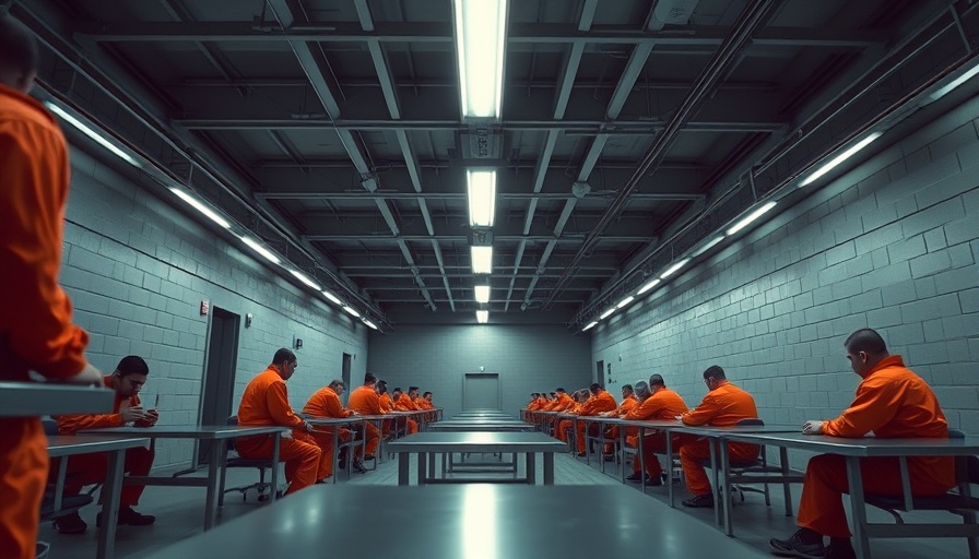 Inmates in colored uniforms in a modern prison dayroom captured in low light, related to San Diego news.