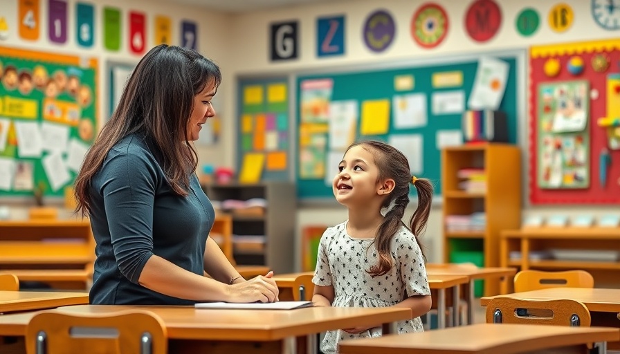Teacher and student in a vibrant classroom with educational displays